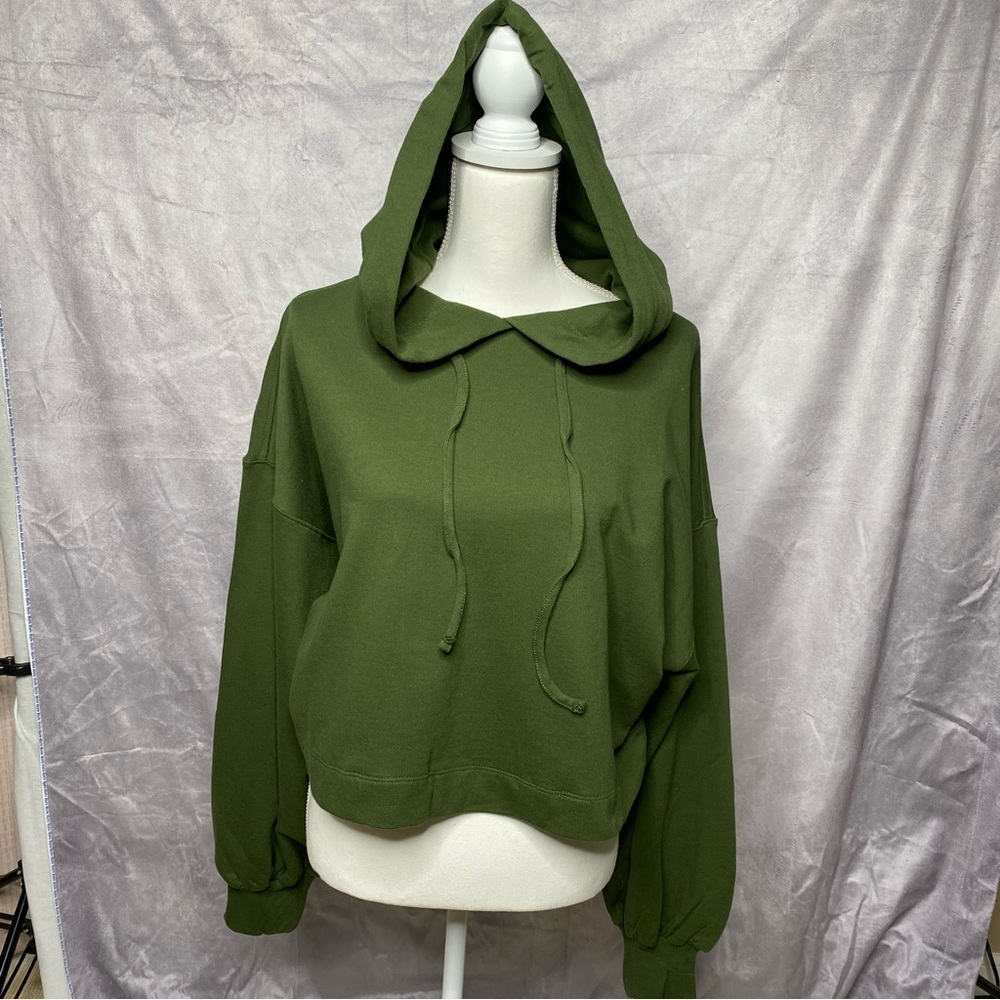 Army Green Plus Size Cropped Puffy Sleeve Hoodie Sweatshirt